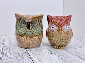 Pair of Ceramic Owl Figurines Glossy Drip Glaze Fall Decor - 3 1/2 inch